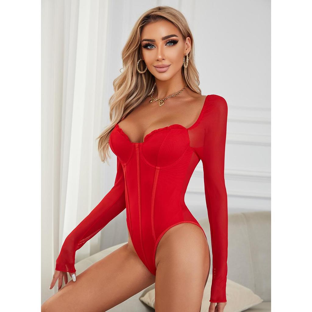 European & American Style Sexy Double Layer Mesh Ruffle Slimming Bodysuit
