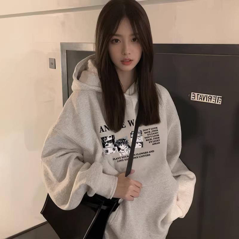 Women's Plus Velvet Hooded Sweatshirt - New Autumn/Winter Loose Fit with High-End Campus Style Design