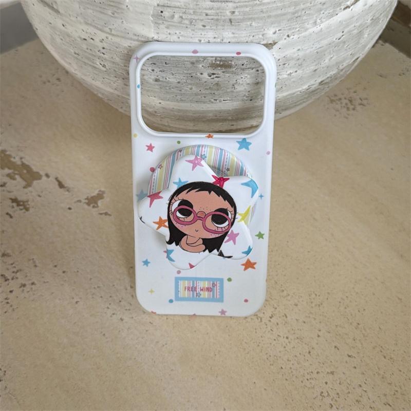 Süßes Mädchen mit großen Augen Sternenmuster Handyhülle mit Ständer für iPhone 15 16 17 Pro Max Kawaii Stoßfeste Schutzhülle