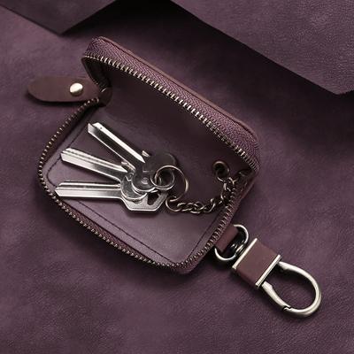 Car Universal Key Cover Multifunctional Single Zipper Car Key Bag First Layer Cowhide Key Leather Case Retro Waist Hanging