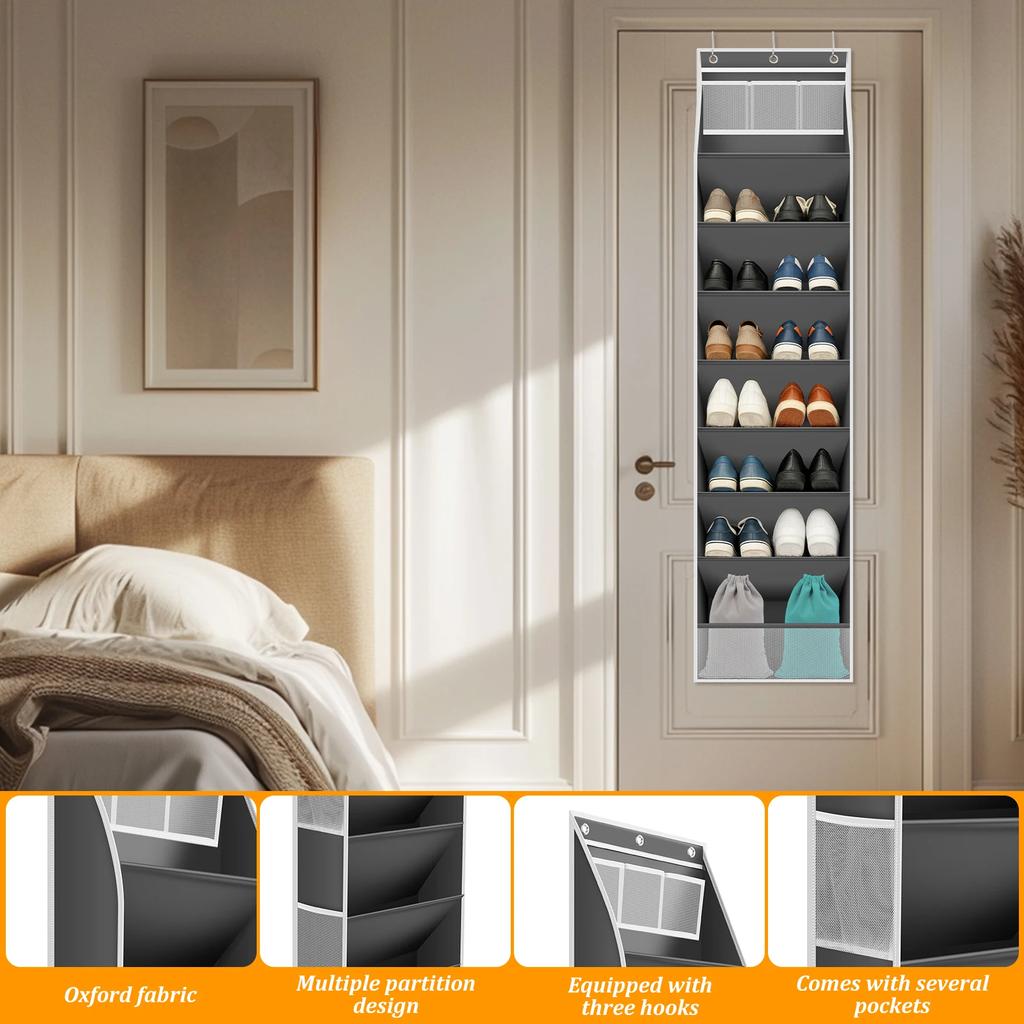 Over The Door Shoe Organizer Bag 8 Layer Shoes Hanging Storage Rack with Top and Side Pockets for Boots Sneakers Sandals