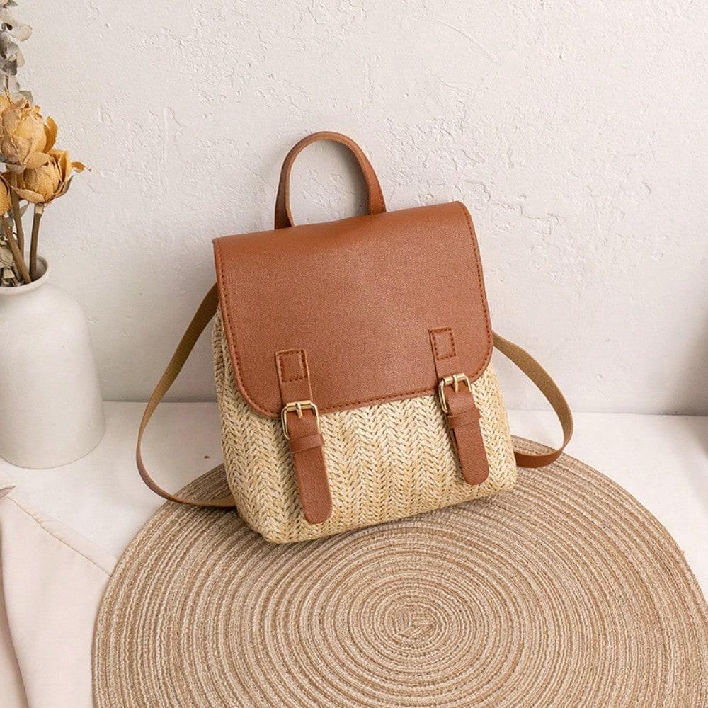Sac à dos de petite taille à motif tissé et double boucle, design color-block pour femme, petit sac brown multicolore