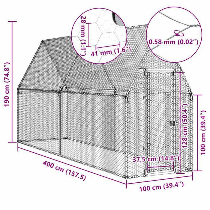 VidaXL Cage for Chickens Silver 400x100x190 Cm Galvanized Steel, Chicken Coop, Chicken Run, Chicken Coop with Run 172551