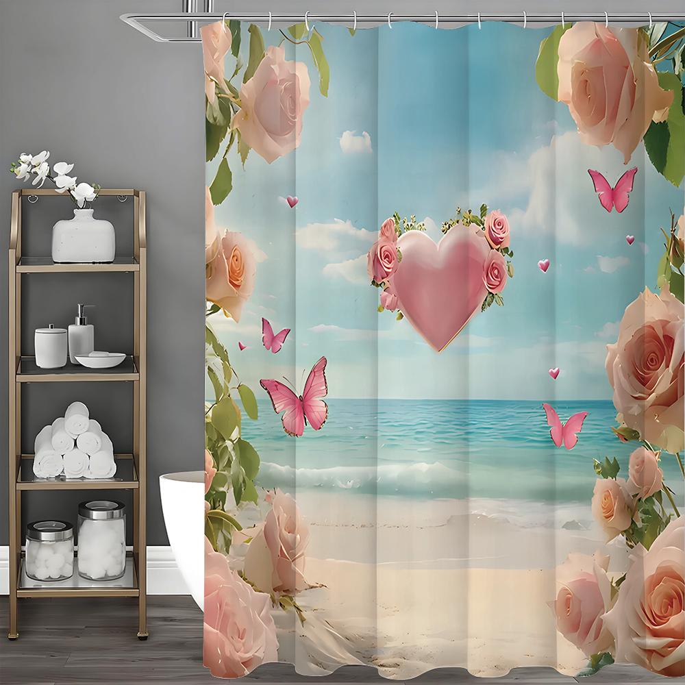 

Mother s Day Ocean Rose Floral Butterfly Heart Pink Shower Curtain, Bathroom Decorative Shower Curtain, Waterproof Shower Curtai 90*180cm