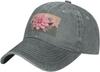 Pink Floral Print Washed Denim Baseball Cap Vintage Soft Adjustable Sun Hat Unisex Casual