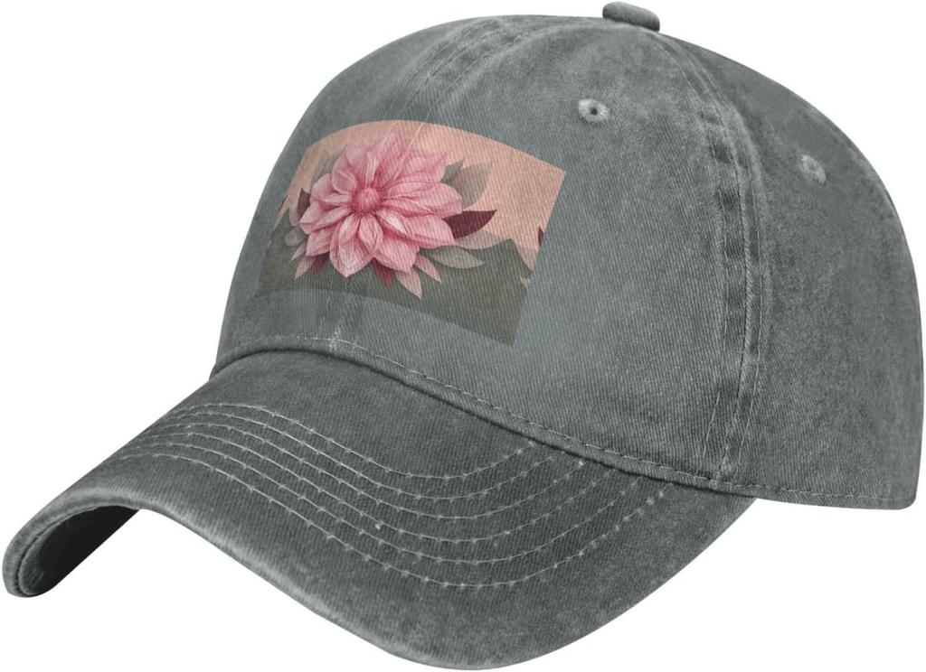 Pink Floral Print Washed Denim Baseball Cap Vintage Soft Adjustable Sun Hat Unisex Casual