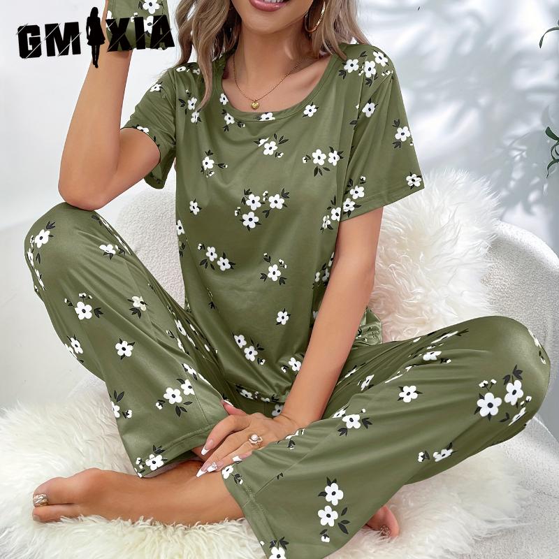 

GMXIA Женский домашний костюм с круглым вырезом, короткими рукавами и длинными брюками, с принтом маски для глаз, комплект из 3 предметов XXL зелёный