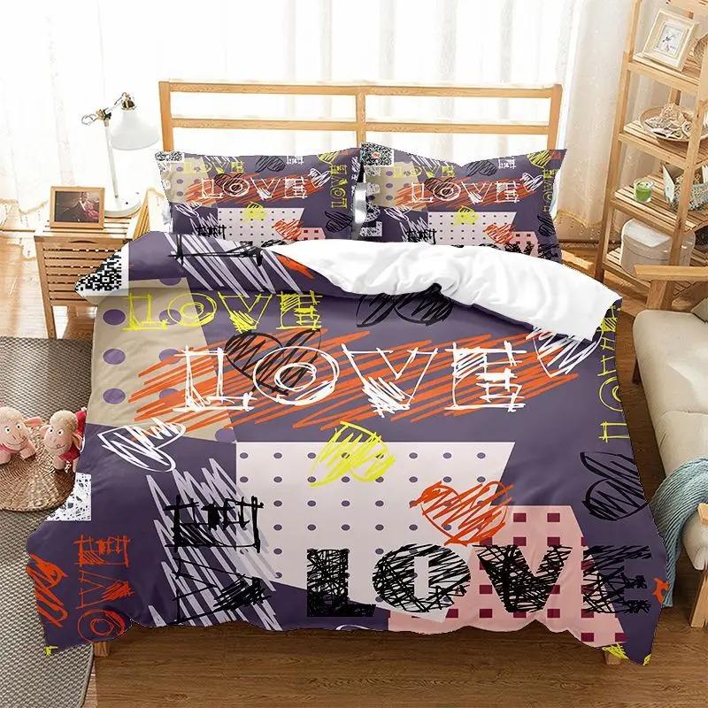Fashion Bedding Set Cartoon Graffiti Polyester Duvet Cover Pillowcase Single King Double Full Queen Size Polyester Quilt Cover