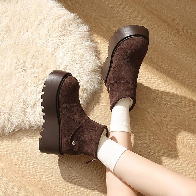 Thick-soled Heightening Snow Boots Women's 2025 New Winter Plush Warm Fluffy Short Boots Fashionable Ugly and Cute Big-headed Cotton Shoes