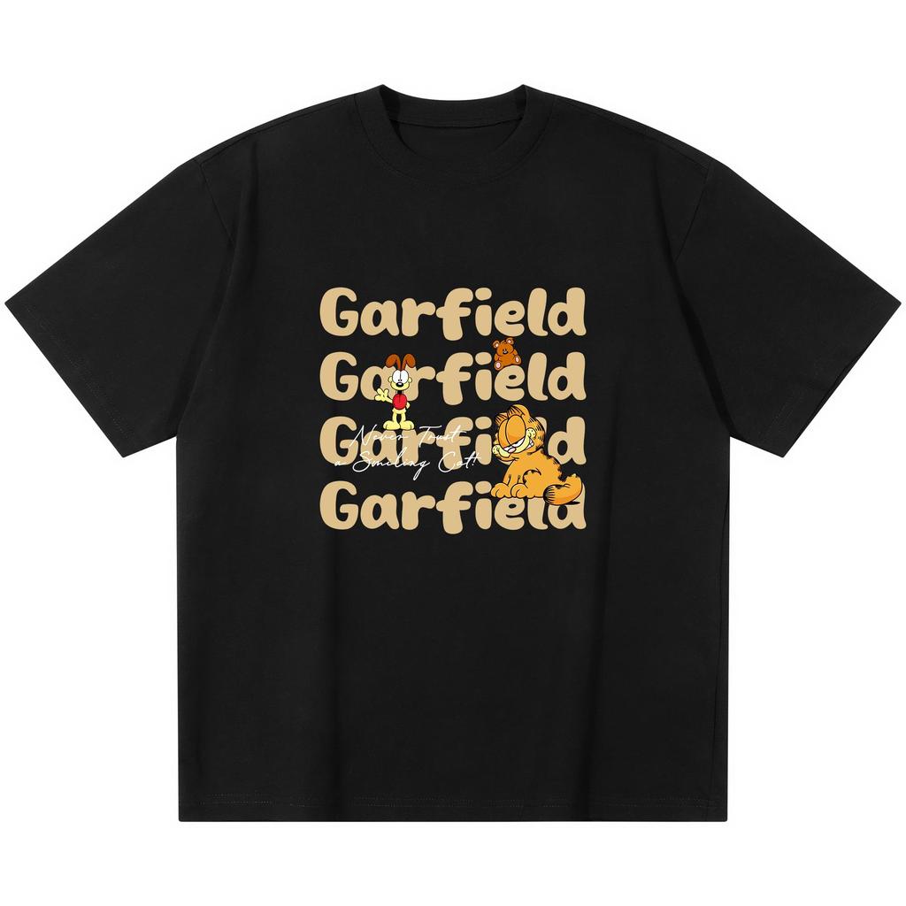 Garfield & Odie Repeating Letters Trendy T-Shirt! American Retro Fun Print Loose-Fitting Short Sleeve, Unisex, Oversize Couple Tee