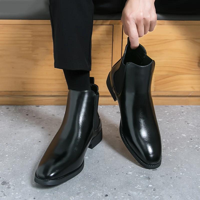 Fashion Italian Men Dress Chelsea Boots Fashion Casual Leather Flat Designer Boots Brand New Casual Business Office Walking Ankle Boots