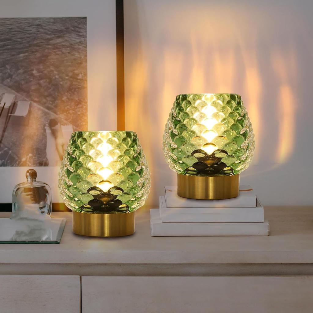 Small Table Lamp Pinecone Shape LED Cordless Battery Operated Glass Bedside Table Lamp with Timer for Bedroom Bathroom Kitchen