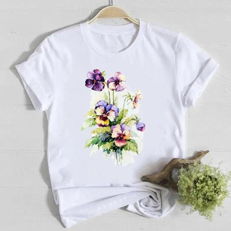 Blume Frühling Rundhals T-Shirt Top Shirt Damen Kleidung Mode T-Shirt Sommer Damen T Kurzarm Lässig Grafik T-Shirts