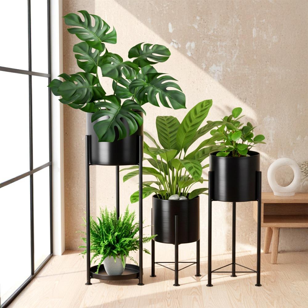 3x Blumentopf Pflanzgefäß Metall Schwarz Übertopf auf Ständer Beinen Pflanzen
