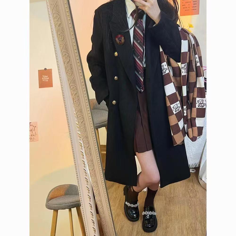 Women's Japanese Style Black Double-Breasted Woolen Coat - Mid-Length, Autumn/Winter 2025 Collection.