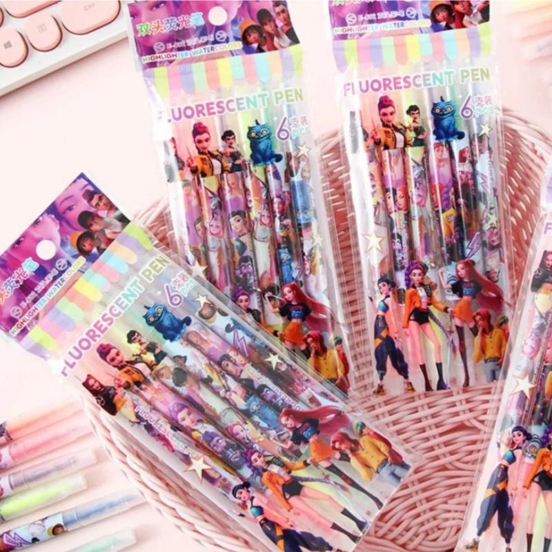 3pcs Kpop Witch Hunt Fluorescent Pen Cartoon Double Headed Marking Pen Gift High Beauty Student Stationery