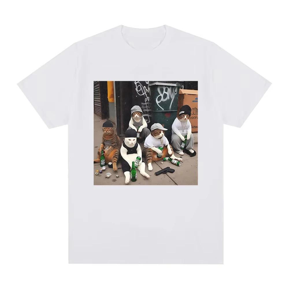Cat Gang Meme Pattern TShirt Womens Fashion Vintage Short Sleeve Harajuku Style Casual Aesthetic Apparel Tshirts