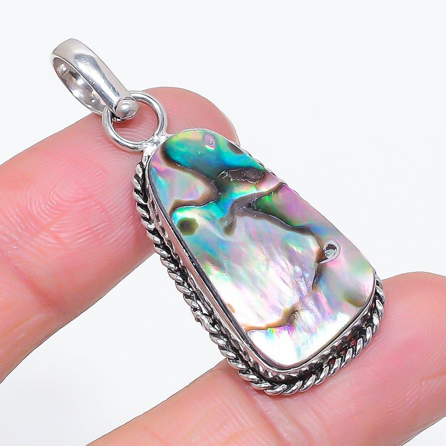 Natural Abalone Shell Gemstone 925 Sterling Silver Jewelry Pendant 1.89" v1C20