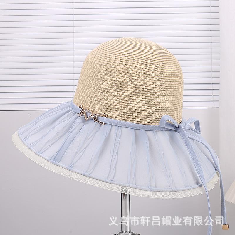 Summer new pleated bow light luxury temperament mesh gauze hat women's outdoor travel versatile big eaves fisherman hat
