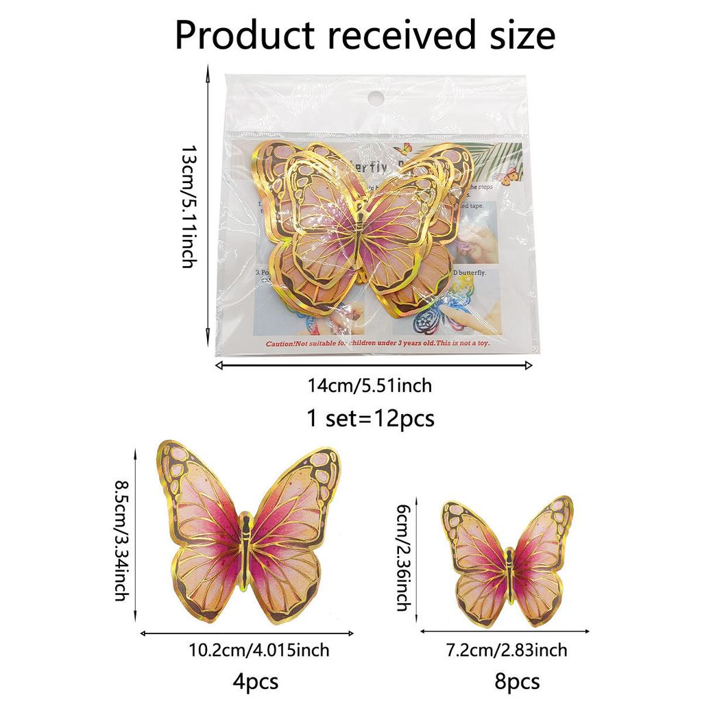 A Set of 12 Gold Edged Hot Stamping 3D Butterfly Wall Stickers, Wedding, Holiday, Birthday Decoration Background Wall Stickers
