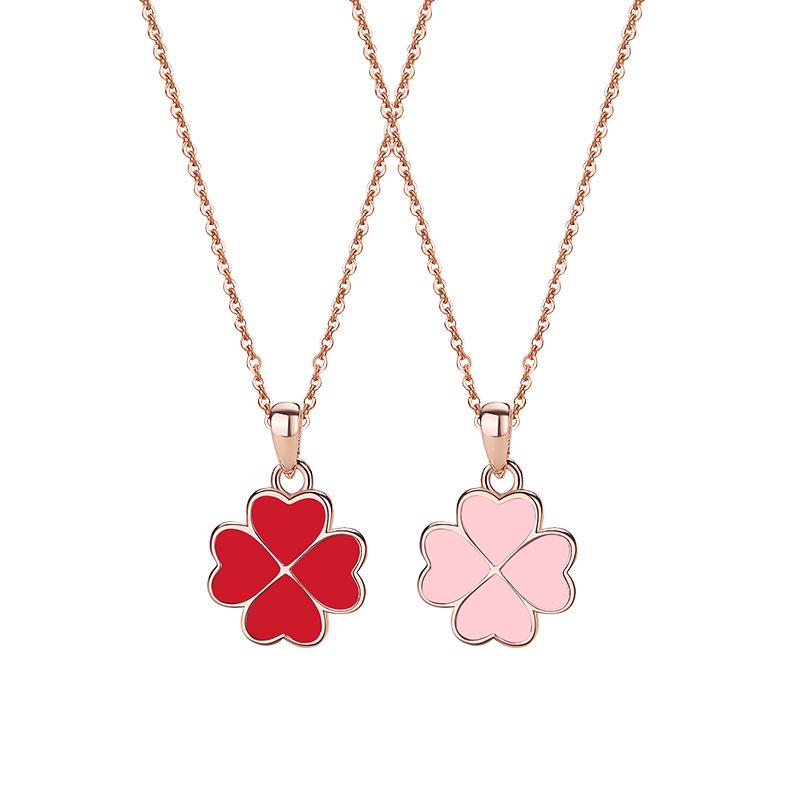 Double-Sided Four-Leaf Clover Heart Necklace: Sterling Silver Clavicle Chain, Women's Summer Korean Fashion, Mori Style Pendant.