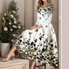 GMXIA Women's Floral Printed V-Neck 9/10 Sleeve Casual Dress with Big Hem