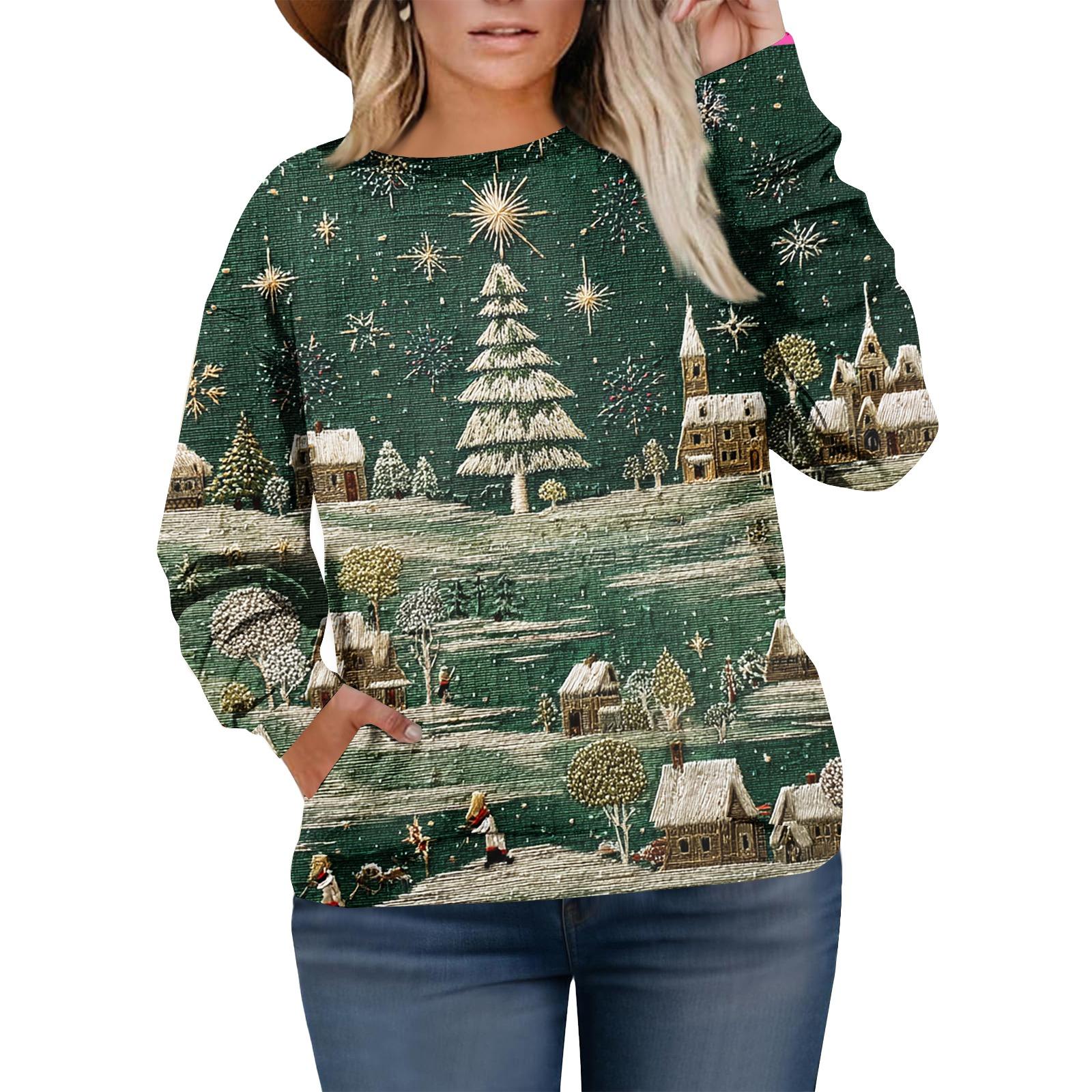 

Рождественские толстовки для женщин свитер милая рубашка осенний пуловер топ XL зелёный