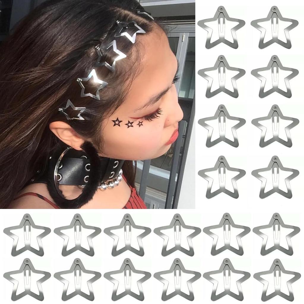 20 PCS 1.22 Inches Star Hair Clips Snap Star Hair Barrettes Cute Lovely Accessories, Non Slip Clips for Girls Women 2000s Y2K Silver Metal Hair Clips