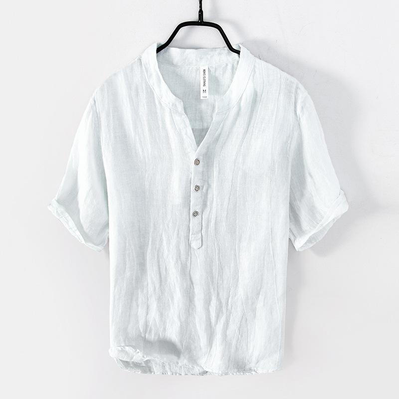 

Men s Linen Short-Sleeve Henley Stand Collar Shirt - Breathable Casual Loose-Fit Half-Button Top M білий