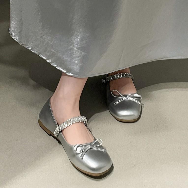 Queen Fan Silver French Light Mouth Flat-soled Single Shoes Women's Summer 2025 New with Skirts Versatile Mary Jane Women's Shoes