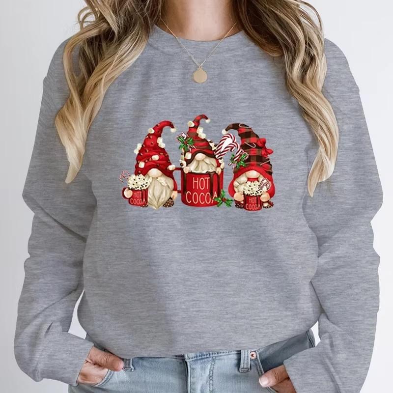 New Christmas Gnomes Hot Cocoa Print Round Neck Sweatshirt Fashion Women Autumn Winter Tops Casual Hoodless Pure Color Pullovers