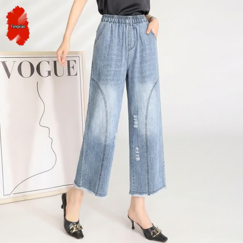Women s Summer Elastic Waist Wide-Leg Cropped Pants M