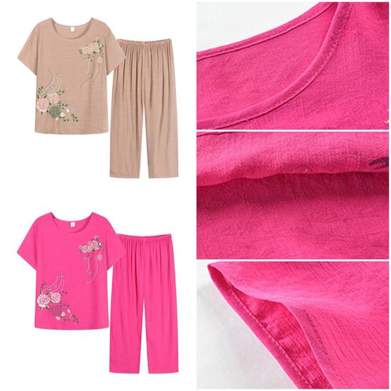 2 Pcs/Set Women Top Pants Set O Neck Flower Print Grandma Style Elastic Waists Summer Pajamas Set for Daily Wear