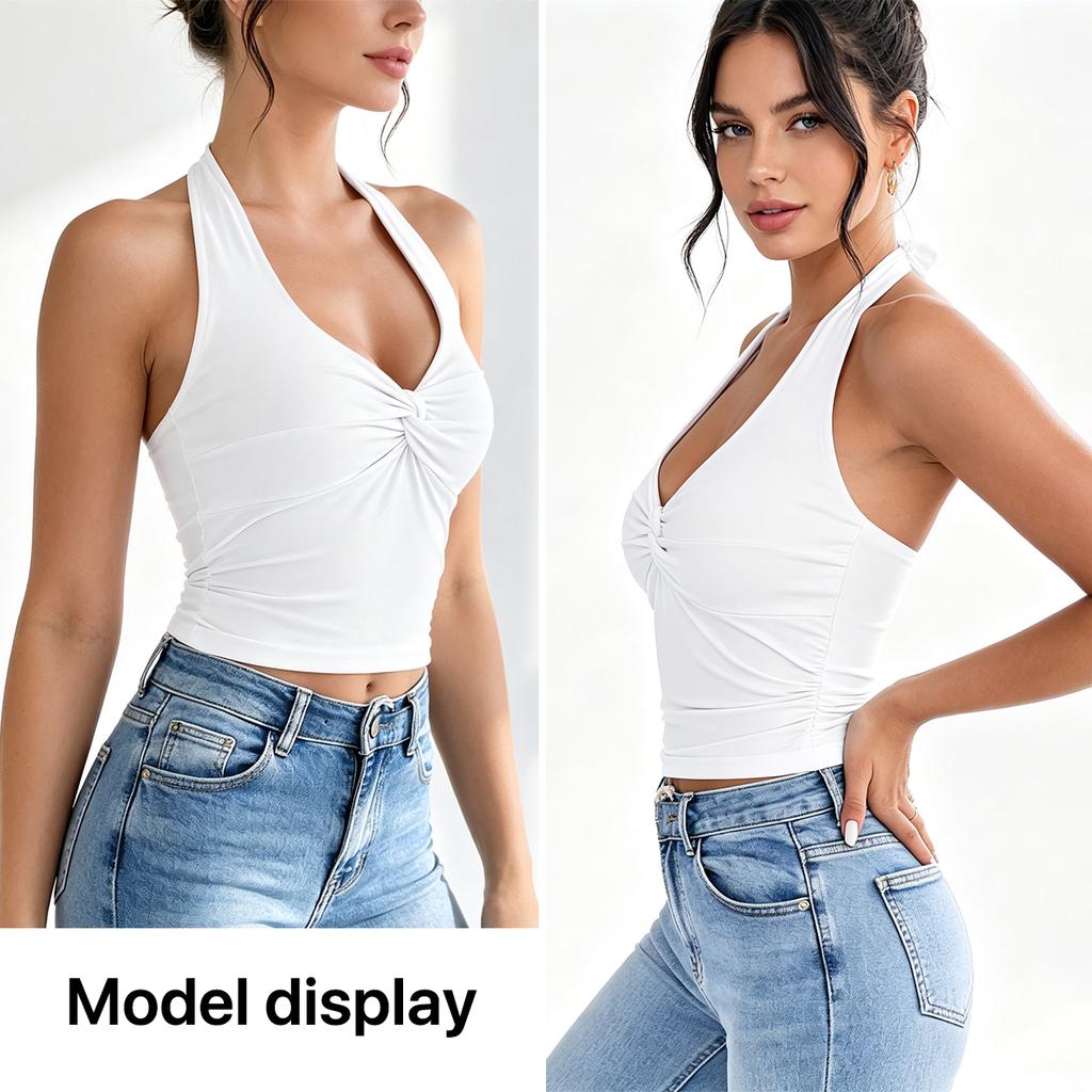 Damen Neckholder Ärmelloses Tanktop Verdrehte Vorderseite Tiefes V-Ausschnitt Schmale Passform Einfarbig Kurz Lässig Sommer Crop Bluse