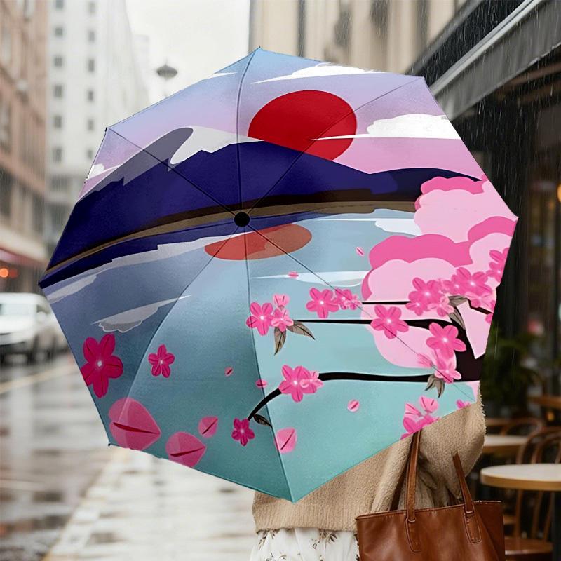 1pc Mount Fuji Cherry Blossoms Automatic Folding Umbrella 8 Rib Iron Frame,  Suitable for Travel, Daily Use, Birthday, Women & Men Gift C1231051