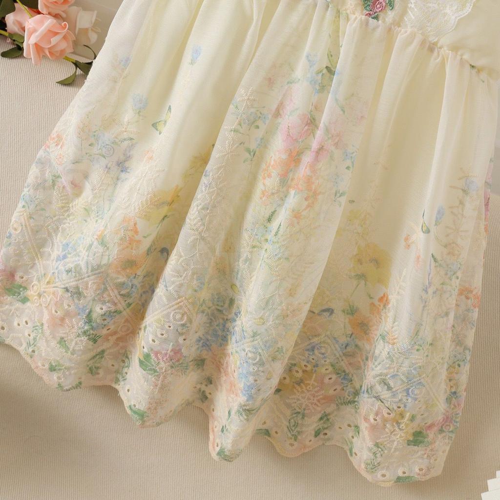 Summer Girls Embroidered Lace Floral Vest Dress Baby Birthday Party Princess Gown Elegant Sleeveless Dress