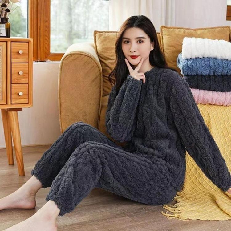 Warm Velvet Ribbed Fleece Pajama Set 2 Piece Women Autumn Pullover And Pants Casual Thicken Lounge Wear