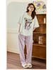Summer Cotton Pajama Set for Women: Short Sleeve, Long Pants, Cute Design for Teens, Perfect for Spring and Summer.