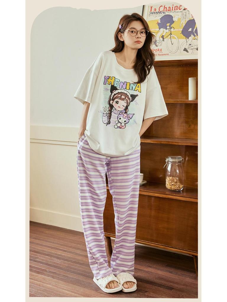 Summer Cotton Pajama Set for Women: Short Sleeve, Long Pants, Cute Design for Teens, Perfect for Spring and Summer.