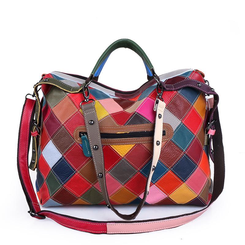 Women'S Bag Large Bag Sheepskin Colorful Portable Shoulder Messenger Bag Splicing Contrasting Color Tote Bag