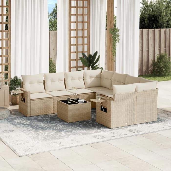 VidaXL Salon de Jardin avec Coussins 9 pcs, Canapés de Terrasse, Ensemble de Meubles de Patio, Mobilier d'Extérieur, Beige 3219957