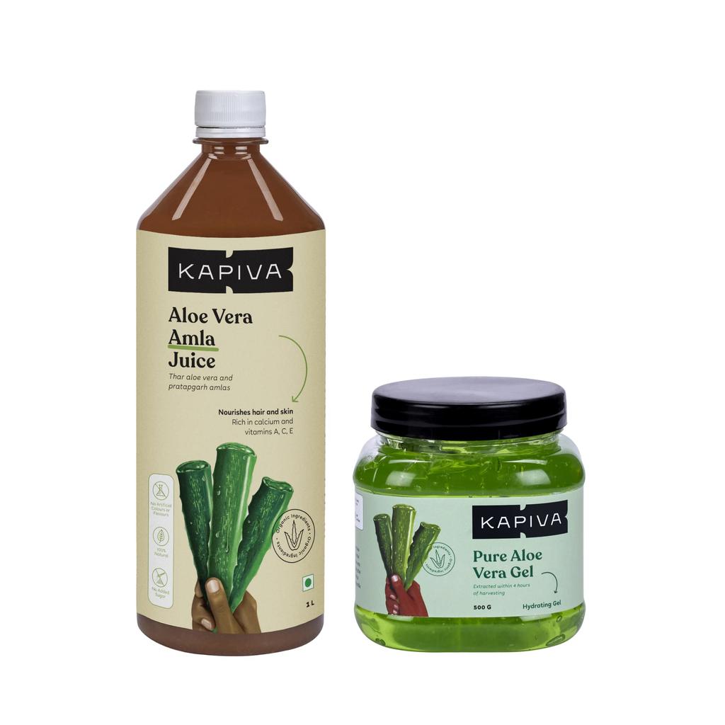 Kapiva Aloe and Amla Juice + Aloe Vera Gel | Ayurvedic Combo for Clearer Skin and Stronger Hair (1L+500g)