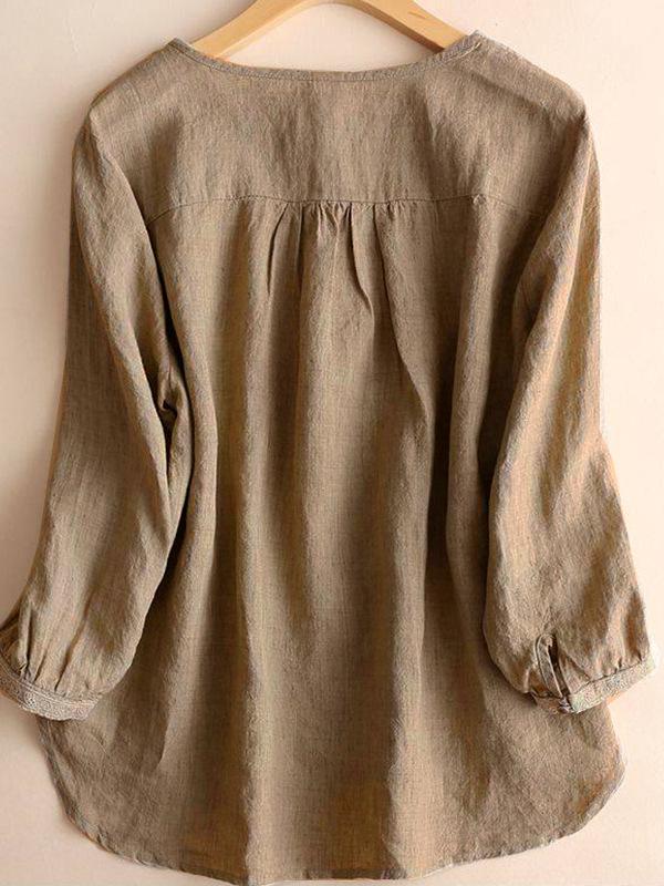 Women's Plus Size Retro Cotton Linen Round Neck Mid-Sleeve Top for Spring/Summer
