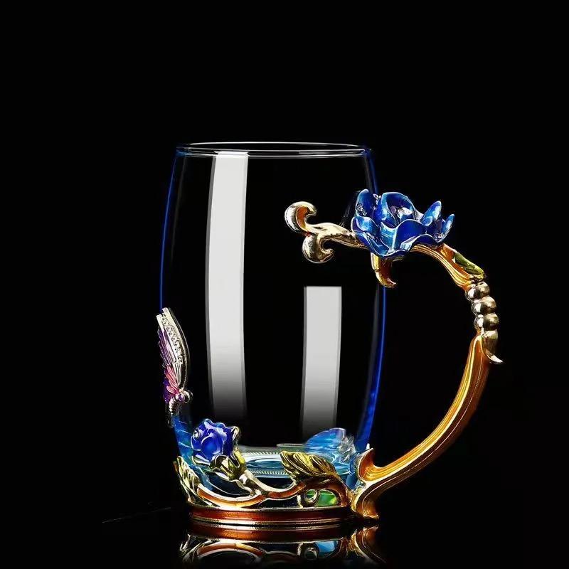 Uropean Enamel Rose Glass Cup Set with Hand-Carved Floral Design – Vintage Luxury Coffee & Tea Cups