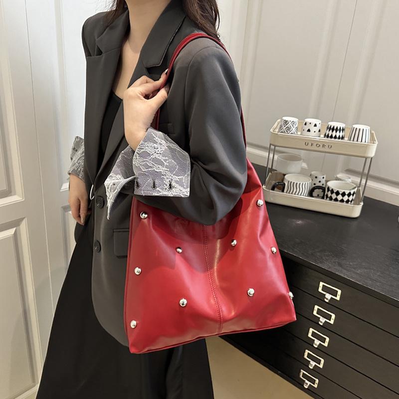Yogodlns Punk Style Embellished Double-Faced Round Rivet Inlaid Niche Luxury Bucket Bag Chic Lady Underarm Large Capacity Shoulder Bag
