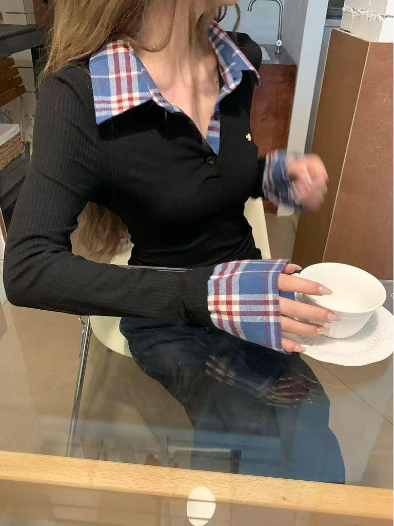 Design Sense Women's Plaid Patchwork Long Sleeve Collared Slim-Fit T-Shirt for Autumn