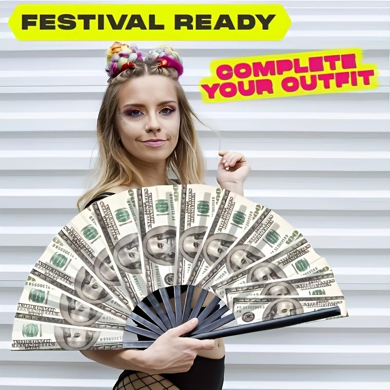 A large bamboo folding fan with a money print - no charging, no battery required - perfect for EDM, music festivals,clubs,events,decorations and gifts