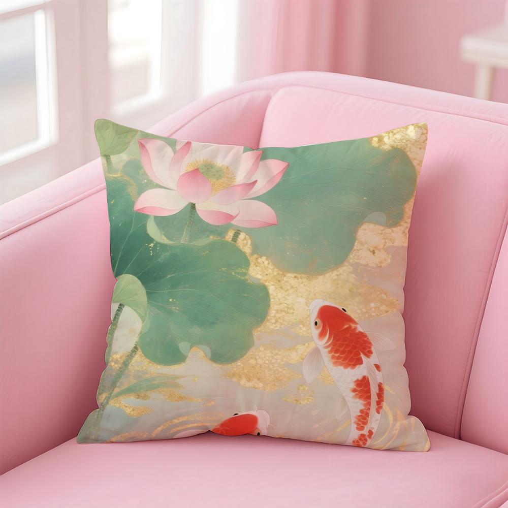 Natural Fun Koi Fish lotus Cushion Cover Pillow Case Soft Skin Friendly Fabric  Concealed Zipper