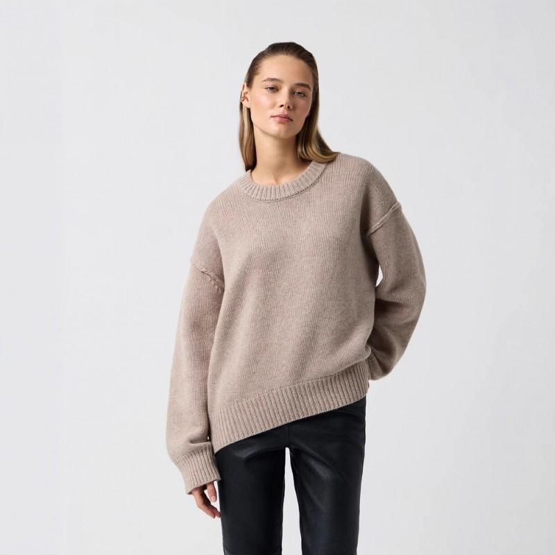 Womens Crew Neck Solid Color Loose Fit Thick Knit Sweater Casual Versatile Top