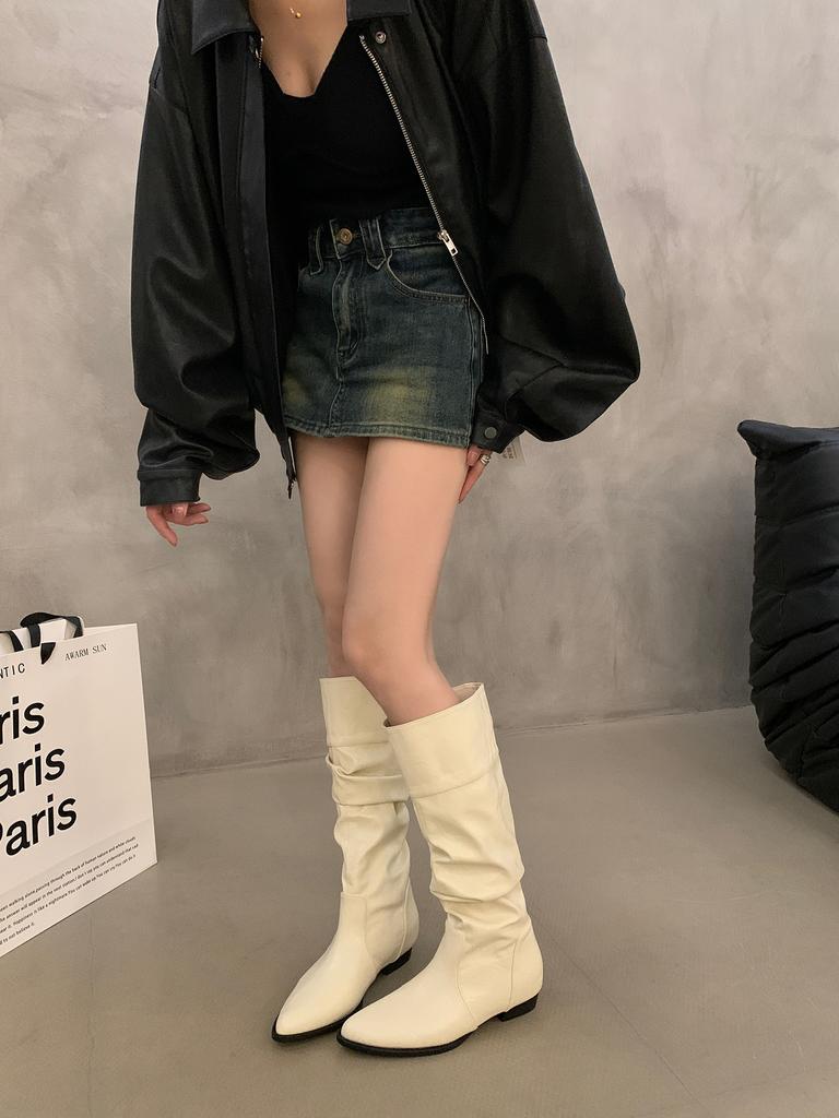 Pointed inner heightening pile boots women's 2025 spring and autumn new small western cowboy boots knight boots long boots